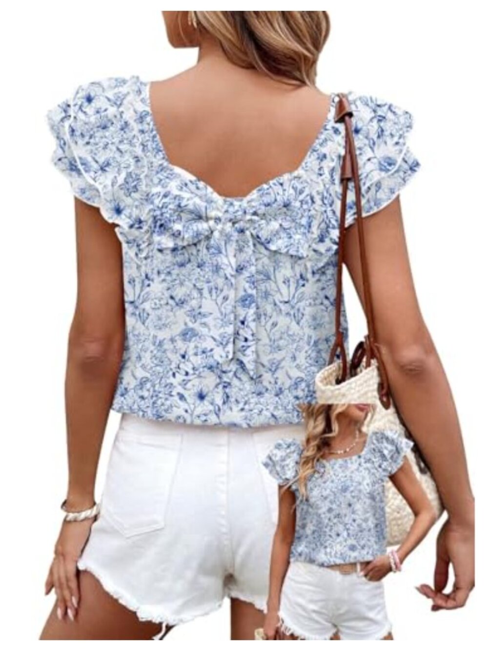 Women's Bow Back Babydoll Top Ruffle Short Sleeve Blouse
